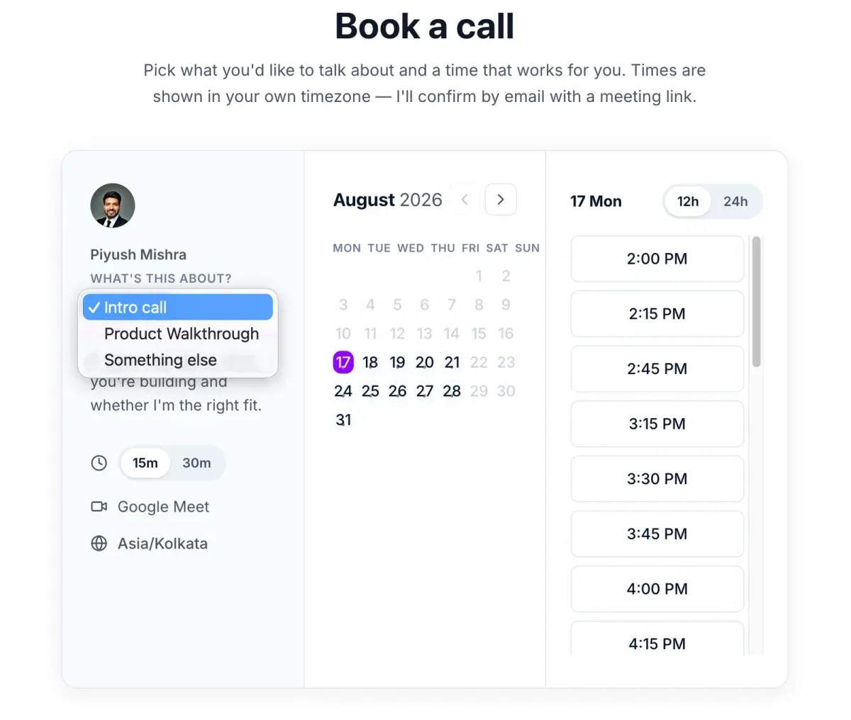 Booking calendar showing available slots converted into the visitor's timezone
