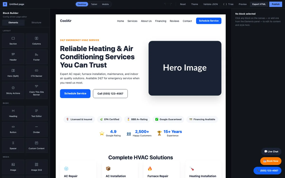 Elementor-style visual website builder — live editor canvas